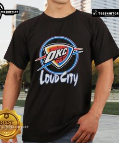 Alt Text: Official OKC Thunder Neon Loud City T-Shirt featuring vibrant colors and team logo, perfect for fans and game day.