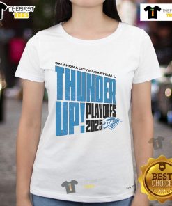Official Oklahoma City Basketball Thunder Up Playoffs 2025 ladies tee featuring team logo and vibrant design.