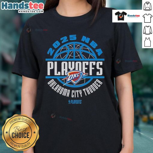 Official Oklahoma City Thunder 2025 NBA Playoffs Game Time Ladies Tee showcasing team colors and logo for fans.