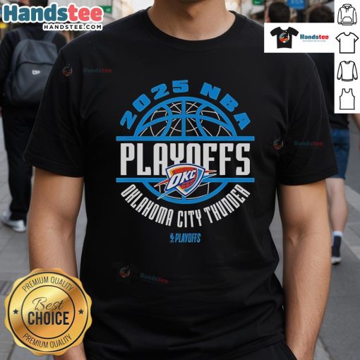 Official Oklahoma City Thunder 2025 NBA Playoffs Game Time T-Shirt featuring team logo and vibrant colors for fans.