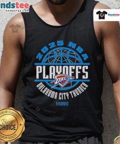 Alt Text: Official Oklahoma City Thunder 2025 NBA Playoffs Game Time tank top featuring team colors and logo.
