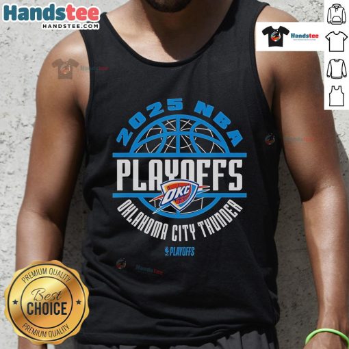 Alt Text: Official Oklahoma City Thunder 2025 NBA Playoffs Game Time tank top featuring team colors and logo.