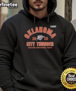 Official Oklahoma City Thunder 2025 NBA Playoffs Western Conference Finals hoodie featuring team logo and vibrant design.