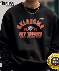 Official Oklahoma City Thunder 2025 NBA Playoffs Western Conference Finals sweatshirt in team colors and logo.