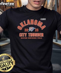 Alt Text: Official Oklahoma City Thunder 2025 NBA Playoffs Western Conference Finals T-Shirt featuring team colors and logo.