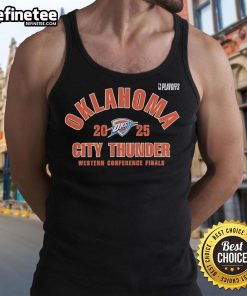 Official Oklahoma City Thunder 2025 NBA Playoffs Western Conference Finals tank top featuring team colors and logo.