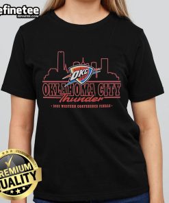 Official Oklahoma City Thunder 2025 Western Conference Finals skyline ladies tee featuring vibrant team colors and logo.