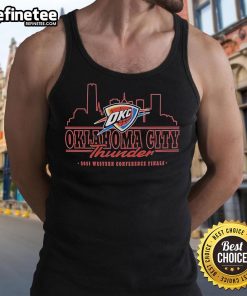 Official Oklahoma City Thunder 2025 Western Conference Finals skyline tank top showcasing team spirit and city pride.