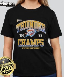 Alt Text: Official Oklahoma City Thunder NBA Finals 2024-2025 Pride Western Conference Champions Ladies Tee shirt design.