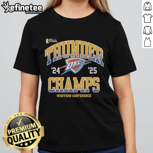 Alt Text: Official Oklahoma City Thunder NBA Finals 2024-2025 Pride Western Conference Champions Ladies Tee shirt design.