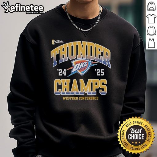 Alt Text: Official Oklahoma City Thunder NBA Finals 2024-2025 Pride Western Conference Champions sweatshirt design.