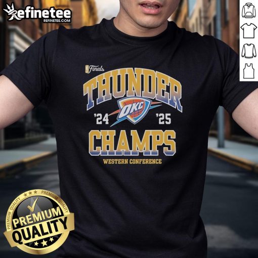 Official Oklahoma City Thunder NBA Finals 2024-2025 Pride T-Shirt showcasing Western Conference Champions design.