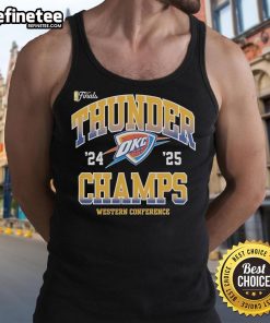 Alt Text: Official Oklahoma City Thunder NBA Finals 2024-2025 Pride Western Conference Champions tank top design.