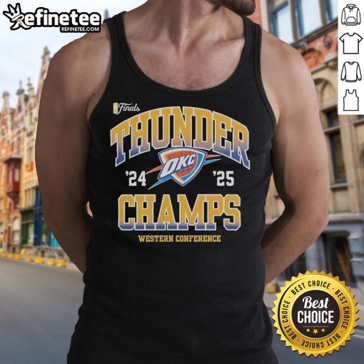 Alt Text: Official Oklahoma City Thunder NBA Finals 2024-2025 Pride Western Conference Champions tank top design.