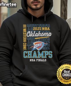 Official Oklahoma City Thunder Western Conference Champs 2025 NBA Finals Hoodie showcasing team logo and championship pride.