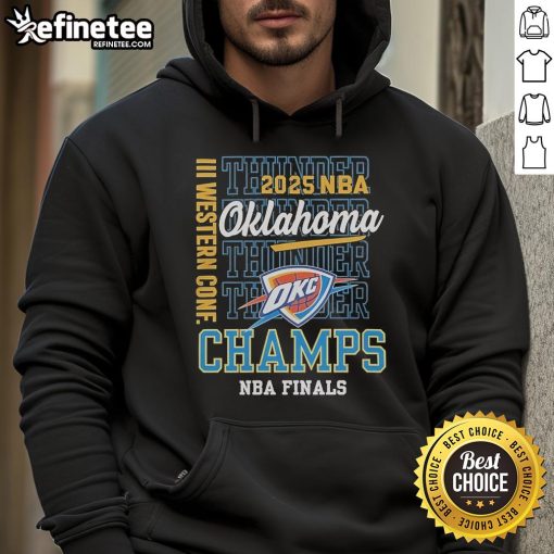 Official Oklahoma City Thunder Western Conference Champs 2025 NBA Finals Hoodie showcasing team logo and championship pride.