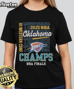Official Oklahoma City Thunder Western Conference Champs 2025 NBA Finals ladies tee featuring team logo and vibrant design.