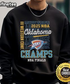 Official Oklahoma City Thunder Western Conference Champs 2025 NBA Finals Sweatshirt in vibrant team colors.
