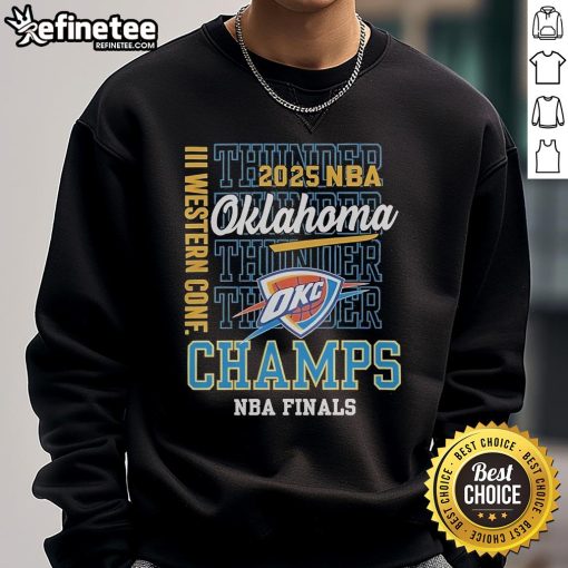 Official Oklahoma City Thunder Western Conference Champs 2025 NBA Finals Sweatshirt in vibrant team colors.