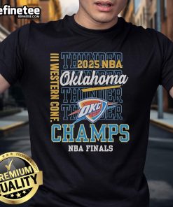 Official Oklahoma City Thunder Western Conference Champs 2025 NBA Finals T-Shirt featuring team logo and championship design.