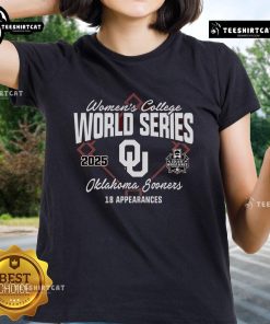Women's College World Series Bound 2025 tee for Oklahoma Sooners with 18 appearances, showcasing team pride and spirit.