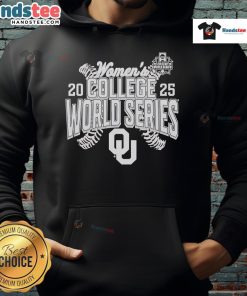 Official Oklahoma Sooners 2025 NCAA Softball Women's College World Series cut-off hoodie in crimson with team logo.