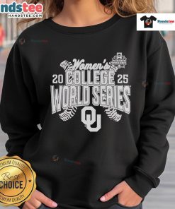 Alt Text: Official Oklahoma Sooners 2025 NCAA Softball Women's College World Series cut-off sweatshirt in crimson color.