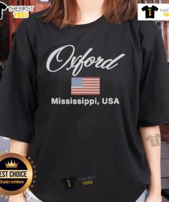Official Ole Miss Oxford vintage flag embroidered ladies tee in red, perfect for fans and stylish casual wear.