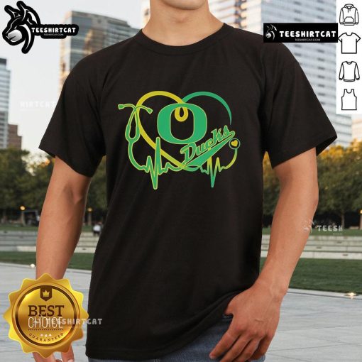 Official Oregon Ducks Caring Heartbeat Nurse T-Shirt featuring a heart and pulse design in team colors for nurses and fans.