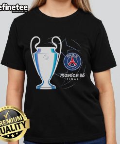 Alt Text: Official Paris Saint-Germain Munich UCL Final UEFA Ladies Tee showcasing team's logo and stylish design.