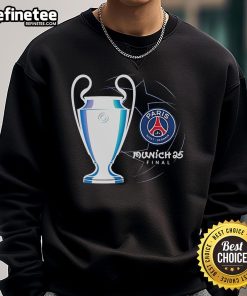 Official Paris Saint-Germain Munich 25 UCL Final UEFA Sweatshirt featuring team colors and logo, perfect for fans.