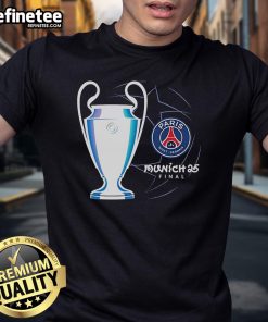 Official Paris Saint-Germain Munich 25 UCL Final UEFA T-Shirt featuring team logo and commemorative graphics.