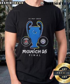 Official Paris Saint-Germain Munich Final 2025 T-Shirt featuring team logo and match details, perfect for fans.