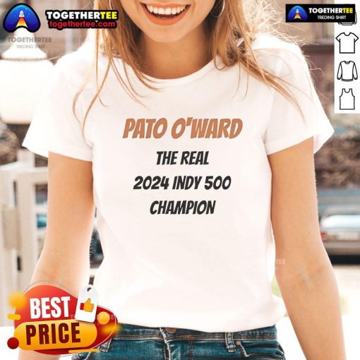 Official Pato O'Ward 2024 Indy 500 Champion Ladies Tee showcasing vibrant design and high-quality fabric for fans.