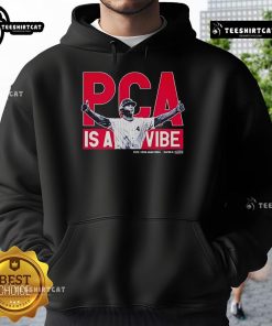Alt Text: Pete Crow Armstrong in Official PCA Is A Vibe MLBPA Hoodie, showcasing a stylish sportswear look for fans.