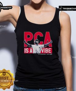Alt Text: Pete Crow-Armstrong wearing an Official PCA Is A Vibe tank top at an MLBPA event, showcasing team spirit and style.