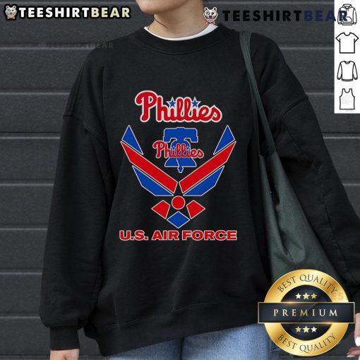 Official Phillies U.S. Air Force sweatshirt featuring team logo and military design, perfect for fans and veterans.