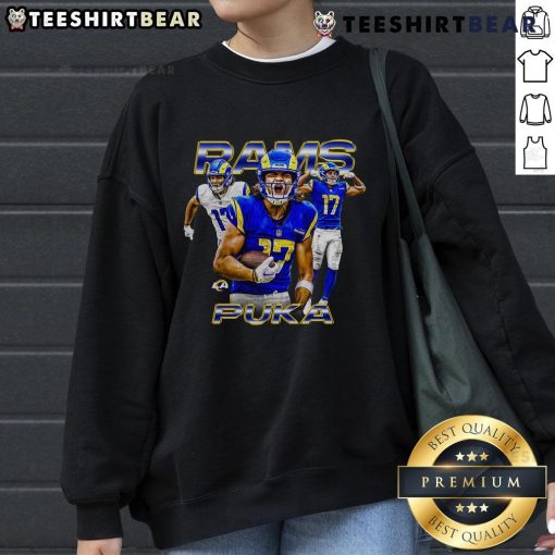 Official Puka Nacua Black Los Angeles Rams sweatshirt featuring a stylish design for fans of the notorious player.