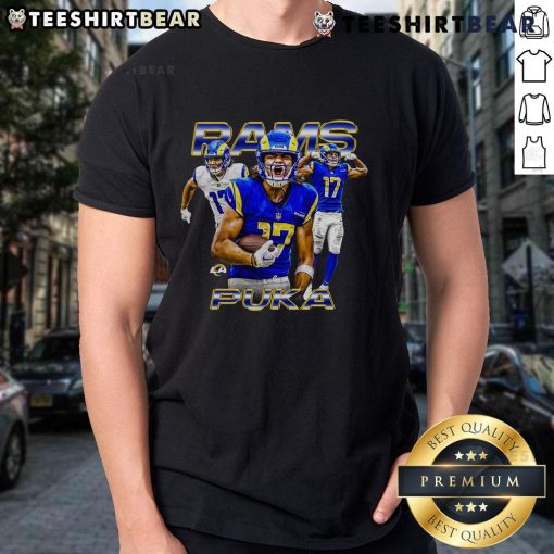 Alt Text: Official Puka Nacua black Los Angeles Rams T-shirt featuring the notorious player design, perfect for fans.