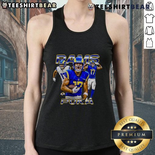 Alt Text: Official Puka Nacua black tank top featuring Los Angeles Rams logo, perfect for fans of this notorious player.
