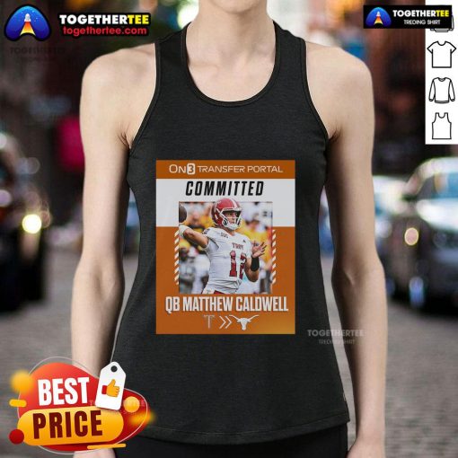 Official QB Matthew Caldwell in a tank top, committed from Troy Trojans to Texas Longhorns, showcasing team pride.