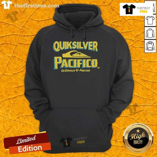 Official Quiksilver Pacifico Signage Hoodie displayed on a hanger, showcasing its stylish design and vibrant colors.