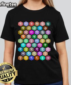Alt Text: Official Rainbow Bangla Alphabets Learning Tee for Ladies featuring colorful Bengali letters on a stylish shirt.