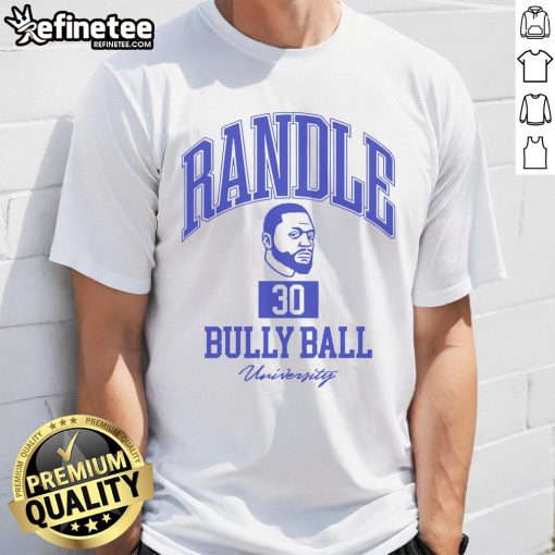 Alt Text: Official Randle 30 Bully Ball University T-Shirt in black, featuring bold graphics and a sporty design for fans.