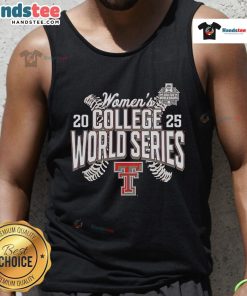 Alt Text: Official Red Texas Tech Red Raiders 2025 NCAA Softball Women's College World Series Cut-Off Tank Top displayed.