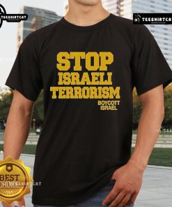 Official Robert Martin Stop Israeli Terrorism Boycott Israel T-Shirt featuring bold anti-terrorism message and graphic design.