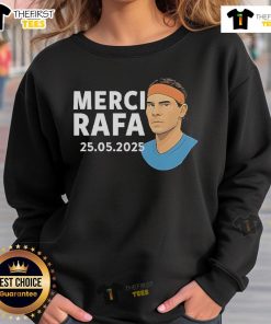 Alt Text: Official Roland Garros Merci Rafa Sweatshirt featuring a stylish design for tennis fans celebrating Rafael Nadal.