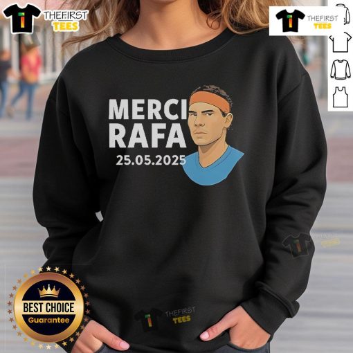 Alt Text: Official Roland Garros Merci Rafa Sweatshirt featuring a stylish design for tennis fans celebrating Rafael Nadal.