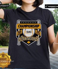 2025 Official SAC Baseball Championship Ladies Tee featuring vibrant team colors and logo design, perfect for fans.