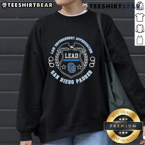 Official San Diego Padres Law Enforcement Appreciation Day 2025 sweatshirt in navy blue with team logo and commemorative design.